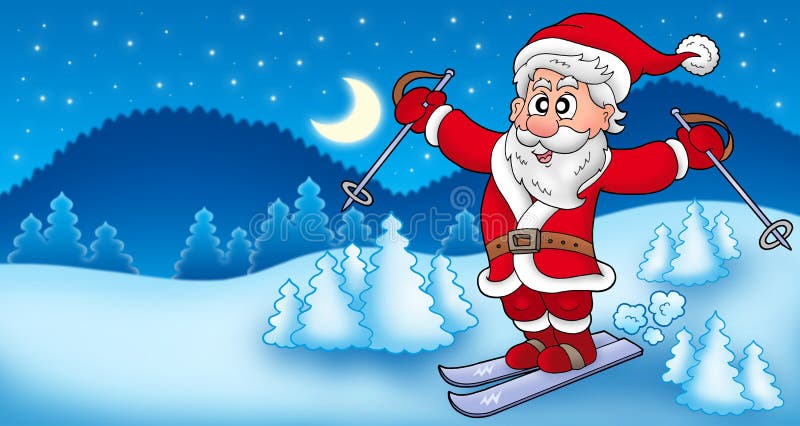 Landscape with skiing Santa Claus