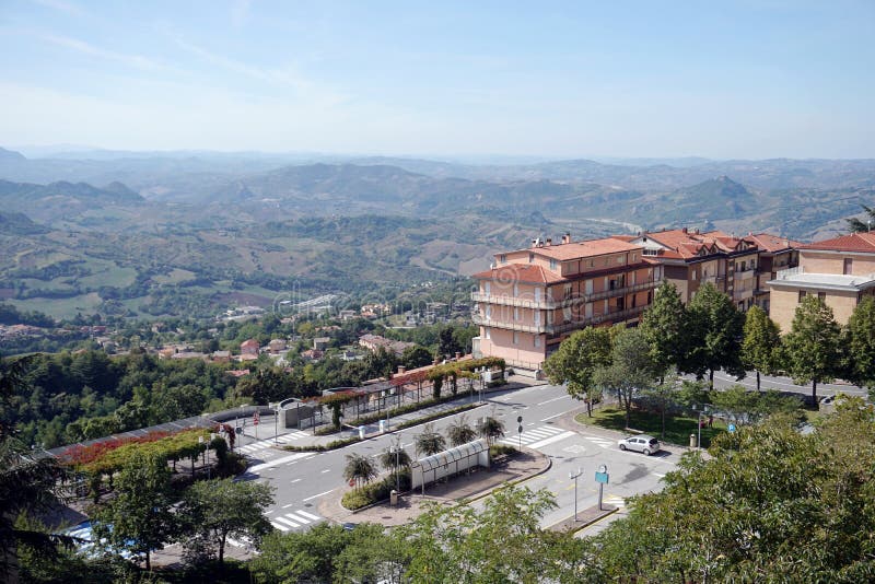 Landscape of the suburbs of San Marino and surrounding mountains. Republic of San Marino. Landscape of the suburbs and surrounding mountains stock photography Landscape of the suburbs of San Marino and surrounding mountains. Republic of San Marino. Landscape of the suburbs and surrounding mountains stock photography