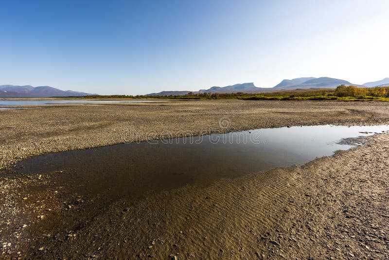 Landscape with Tornetrask lake and u-shaped valley Lapporten, Norrbotten, Sweden