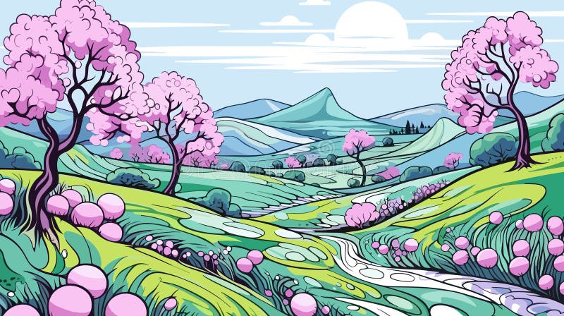 A Landscape With Trees And Hills - Landscape of easter with eggs spring flowers royalty free illustration