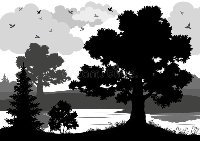 Landscape, trees, river and birds, black and grey silhouette contour on white background. Landscape, trees, river and birds, black and grey silhouette contour on white background.