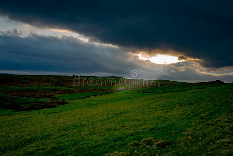 Landscape of a Valley Covered in Lawn Surrounded by Fences Under a