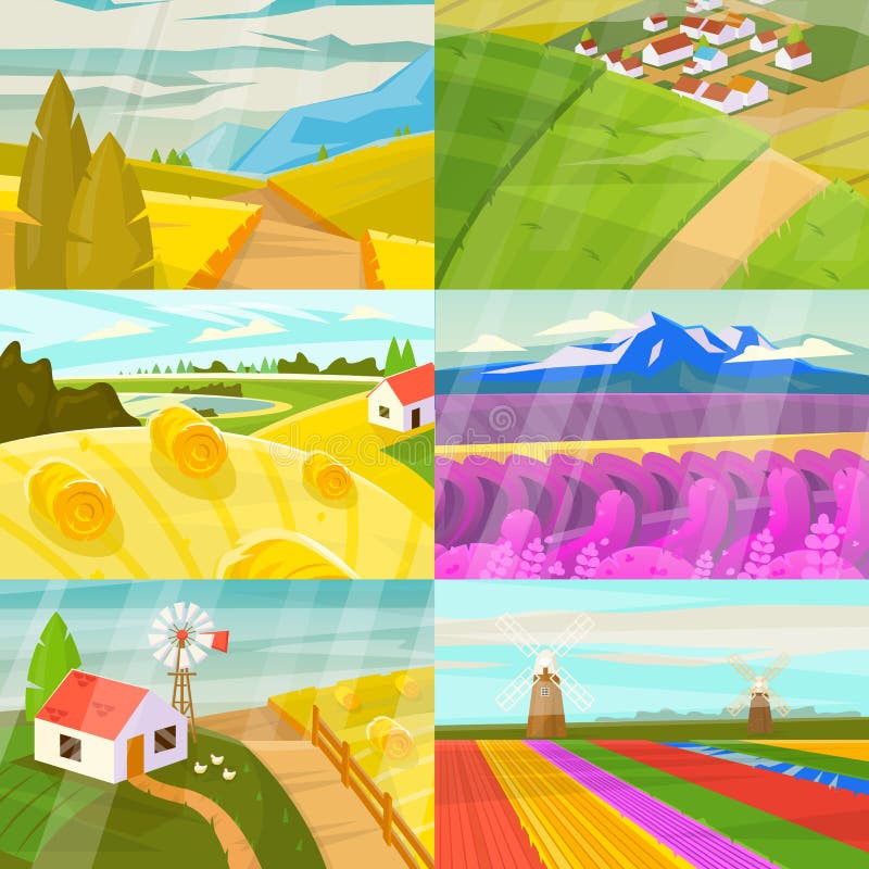 Landscape vector landscaping countryside of meadows fields and lands with natural landscaped sunny view of country set