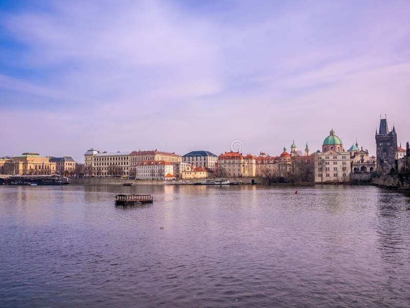 Landscape view from charles bridge with boat and ship Vltava river beautiful old town prague . czech republic. stock photos Landscape view from charles bridge with boat and ship Vltava river beautiful old town prague . czech republic. stock photos