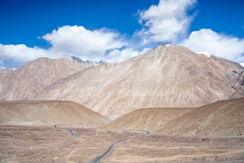 The landscape view of Leh geography. Mountain, Road, Sky and Snow. Leh, Ladakh, India