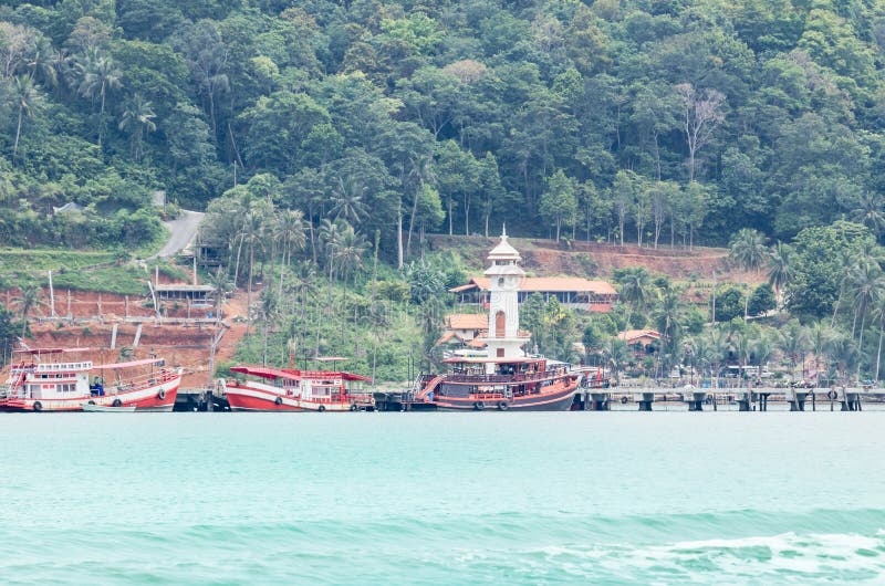 Landscape view of public white lighthouse on pier of Bang Bao fishing village at Koh Chang Island,Trat, Thailand royalty free stock images Landscape view of public white lighthouse on pier of Bang Bao fishing village at Koh Chang Island,Trat, Thailand royalty free stock images