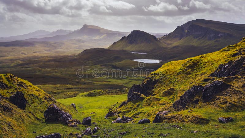 Landscape view of Quiraing mountains on Isle of Skye, Scottish highlands