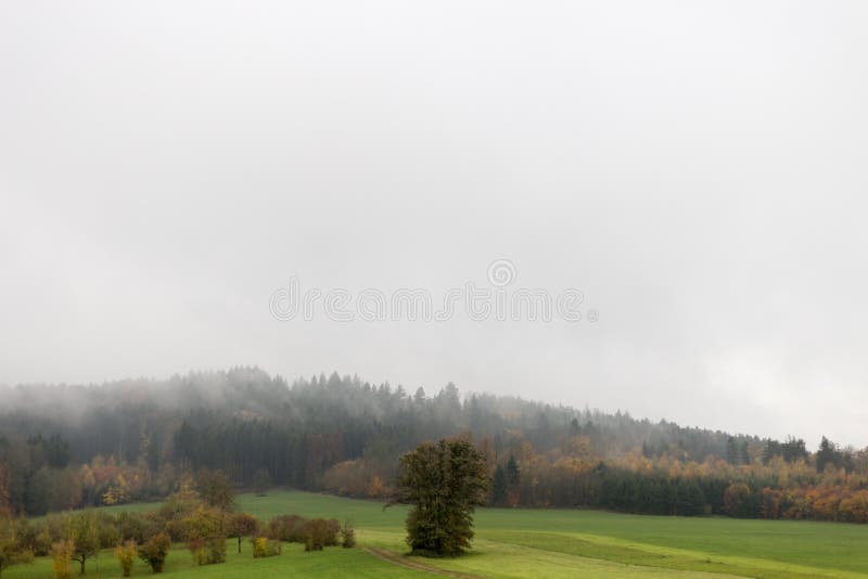 Landscape with Visible Horizon on a Foggy November Day with Indian Fall