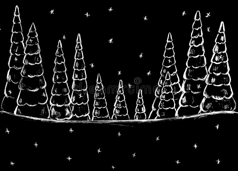 Landscape with White Snowcovered Christmas Trees on a Black Background Stock Illustration