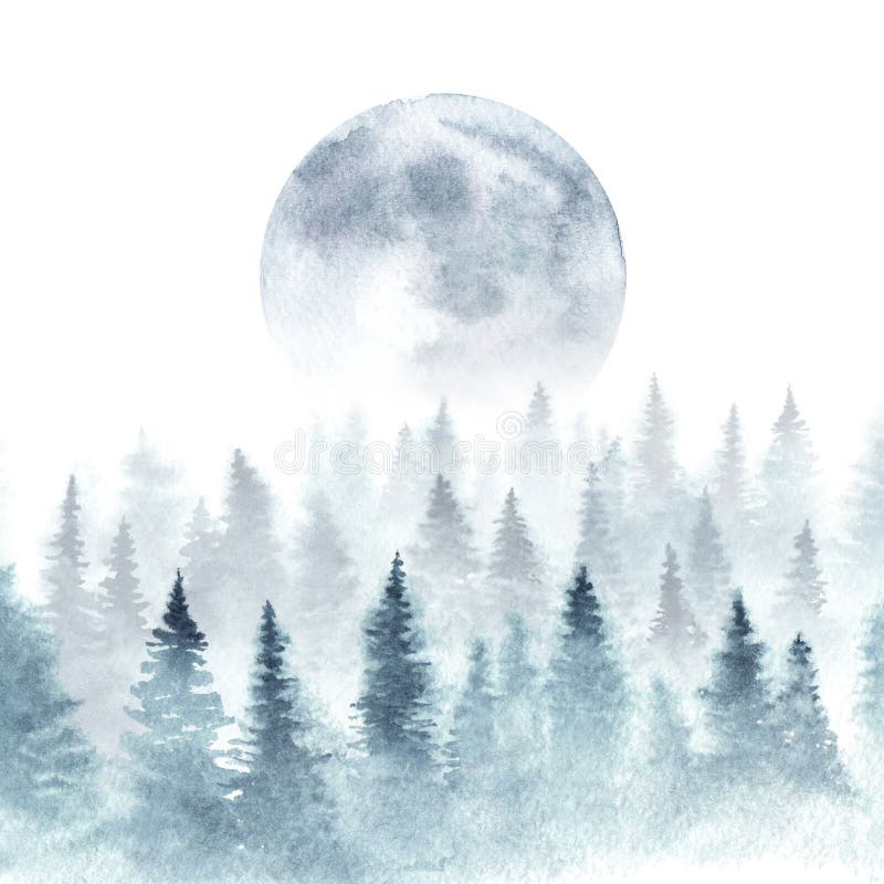 Watercolor landscape with pines and Moon stock illustration Watercolor landscape with pines and Moon stock illustration