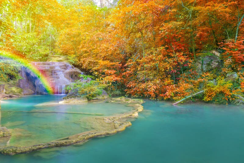 Wonderful Waterfall With Rainbows In Deep Forest At National Park Stock