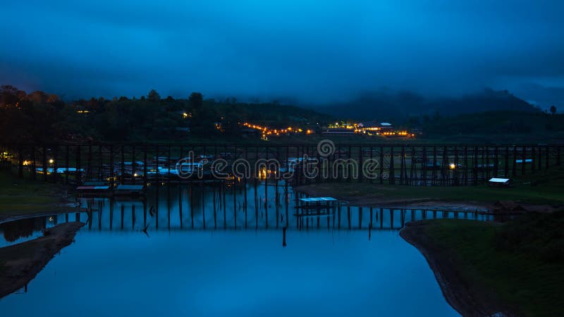 Landscape of Wooded bridge over the river (Mon Bridge) in Sangkhlaburi District, Kanchanaburi, Thailand