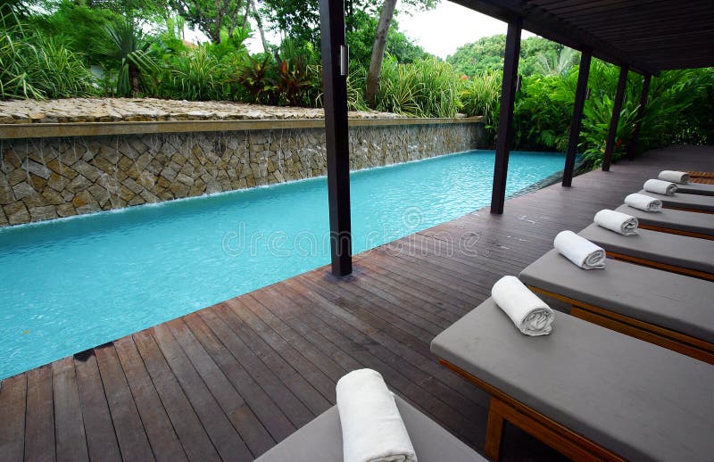 Una fotografia immagine di un resort di lusso piscina circondata da una lussureggiante paesaggio tropicale, con alberi, arbusti da fiore e piante ornamentali.