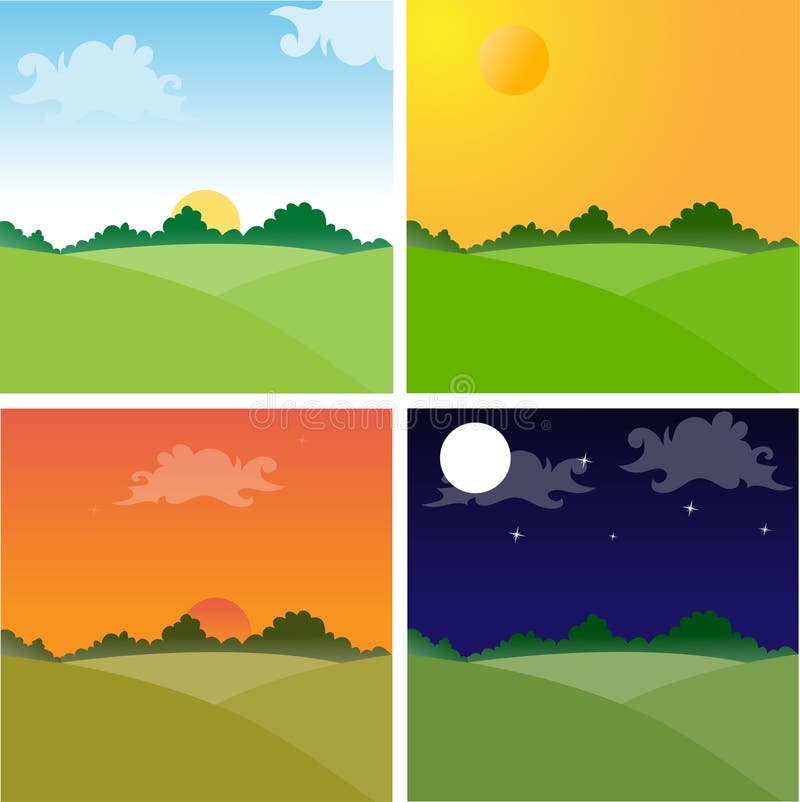 Vector illustration of Landscapes showing day cycle. EPS Available. No transparencies. Grass night sky background vectors