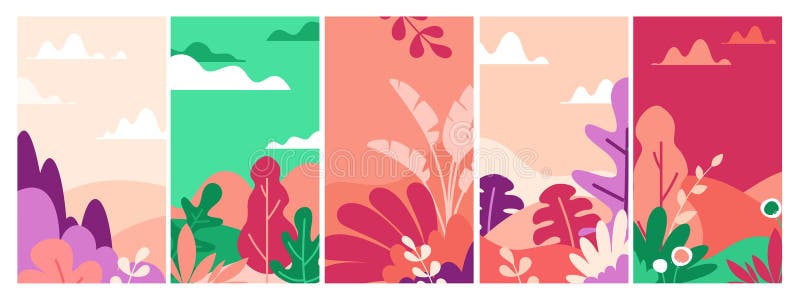 Landscapes flat vector illustrations set. Beautiful nature view abstract backgrounds pack. Field with trees and flowers stock illustration Landscapes flat vector illustrations set. Beautiful nature view abstract backgrounds pack. Field with trees and flowers stock illustration