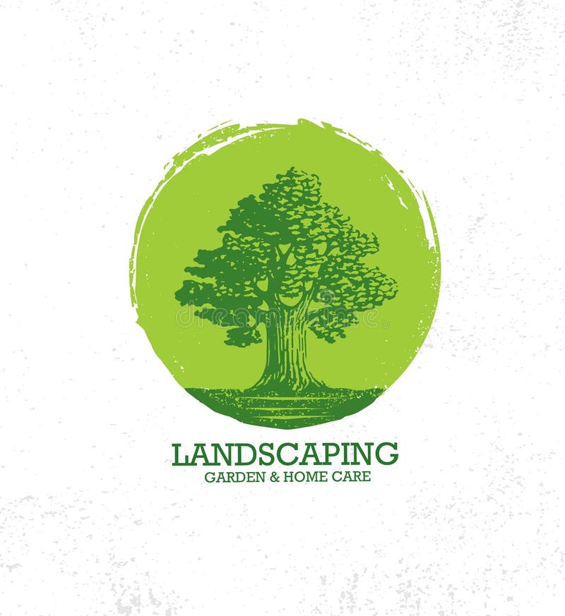 Landscaping Garden And Home Care Creative Organic Vector Old Oak Tree Sign Concept On Rough Grunge Background