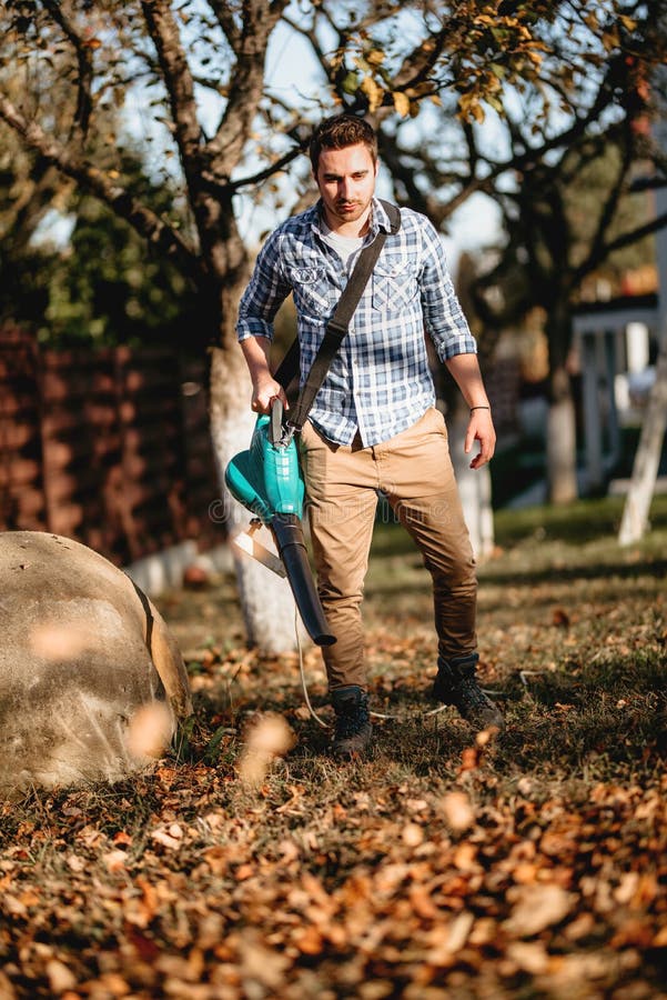 Landscaping, Gardening Details with Worker Using Leaf Blower Stock
