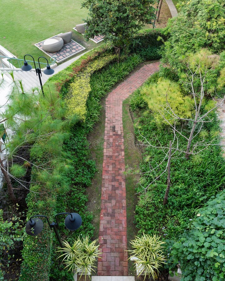 Landscaping Green Garden and Brick Pathway on Backyard Stock Image