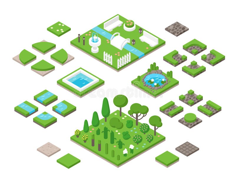 Landscaping isometric 3d garden design elements stock illustration Landscaping isometric 3d garden design elements stock illustration