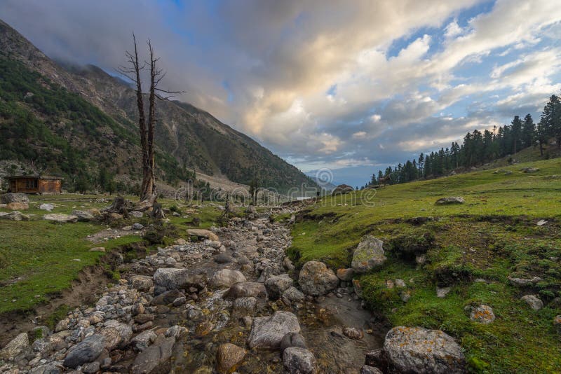 Landschaft der feenhaften Wiese an Beyal-Lager an einem Morgen, Pakistan lizenzfreies stockbild Landschaft der feenhaften Wiese an Beyal-Lager an einem Morgen, Pakistan lizenzfreies stockbild