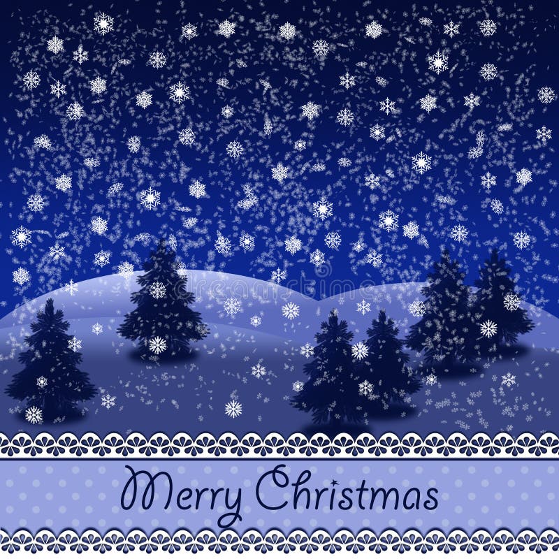 Landschaft des verschneiten Winters mit Tannenbäumen und frohen Weihnachten vektor abbildung Landschaft des verschneiten Winters mit Tannenbäumen und frohen Weihnachten vektor abbildung