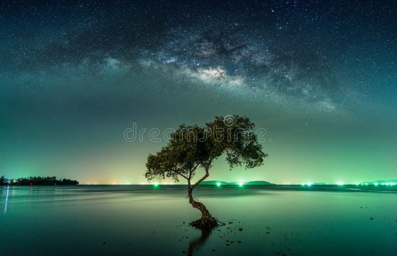 Landschaft mit Milchstraßegalaxie Nächtlicher Himmel mit Sternen
