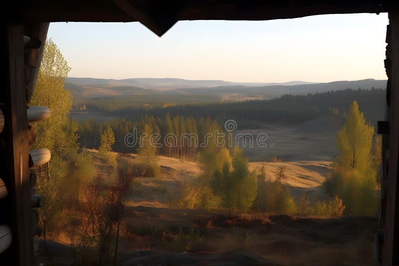 Landschaftsbild. Aussicht aus Fenster auf die wunderschöne Landschaft. Neuronale Netzai generiert lizenzfreie abbildung