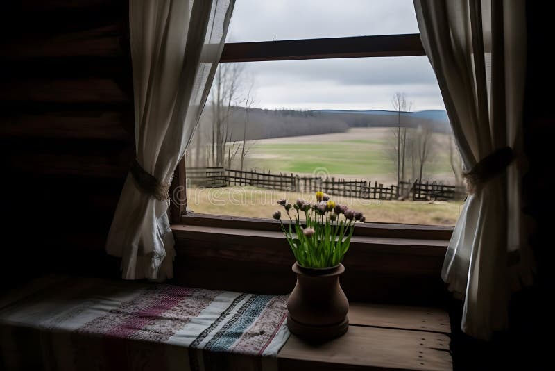 Landschaftsbild. Aussicht aus Fenster auf die wunderschöne Landschaft. Neuronale Netzai generiert lizenzfreie abbildung