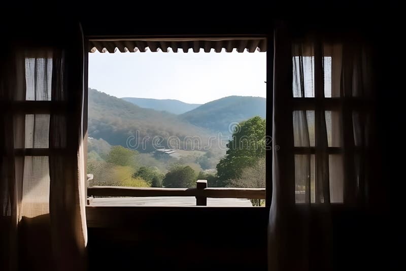 Landschaftsbild. Aussicht aus Fenster auf die wunderschöne Landschaft. Neuronale Netzai generiert stock abbildung