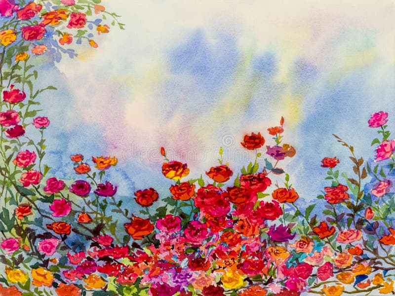 Landschaftsmalereiphantasie bunt von den Rosenblumen und -gefühl stock abbildung Landschaftsmalereiphantasie bunt von den Rosenblumen und -gefühl stock abbildung