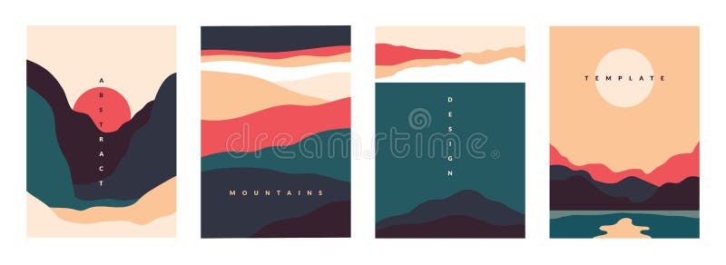 Landschaftsminimales Poster Abstrakte geometrische Transparente mit Gebirgsseen und -wellen Vektorreise- und -abenteuerflieger stock abbildung