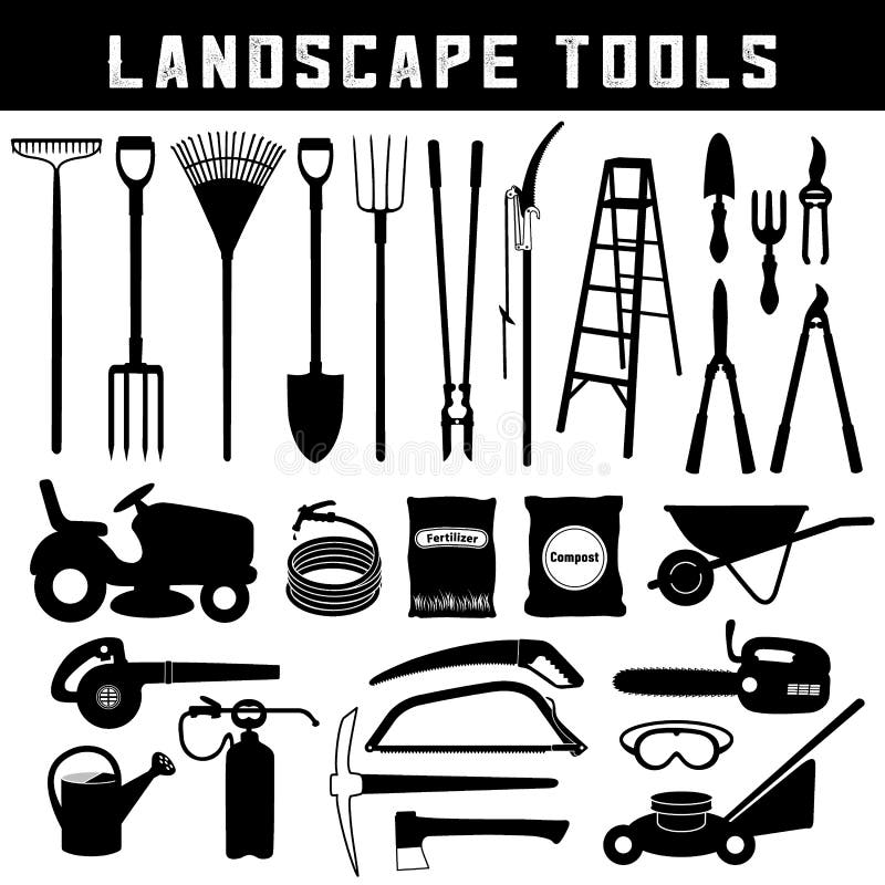 Landscape Tools, Do it Yourself care and maintenance for garden, lawn, grass, trees, orchard care and maintenance, twenty-eight black silhouette icons isolated on white background. Landscape Tools, Do it Yourself care and maintenance for garden, lawn, grass, trees, orchard care and maintenance, twenty-eight black silhouette icons isolated on white background.
