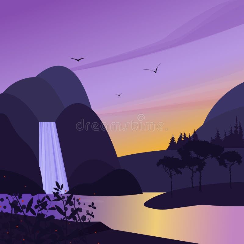 Landschap met bergen, waterval en meer De eenvoudige vector van de waterstroom Leuke vlakke illustratiezonsondergang of dageraad vector illustratie Landschap met bergen, waterval en meer De eenvoudige vector van de waterstroom Leuke vlakke illustratiezonsondergang of dageraad vector illustratie