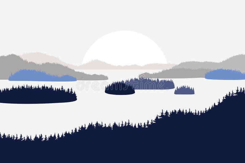 Landschap met de merenrivieren van heuvelsbergen Sparren in de voorgrond Vlakke stijl stock illustratie Landschap met de merenrivieren van heuvelsbergen Sparren in de voorgrond Vlakke stijl stock illustratie