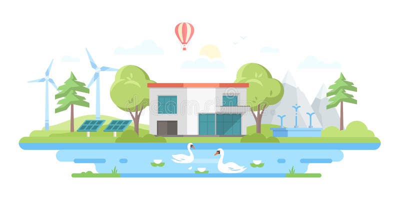 Landschap met een vijver - de moderne vlakke vectorillustratie van de ontwerpstijl stock illustratie Landschap met een vijver - de moderne vlakke vectorillustratie van de ontwerpstijl stock illustratie