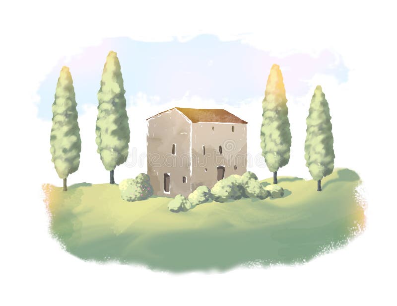 Landschap met traditioneel huis in Toscanië, Italië, geschilderde illustratie, het artistieke werk royalty-vrije illustratie Landschap met traditioneel huis in Toscanië, Italië, geschilderde illustratie, het artistieke werk royalty-vrije illustratie