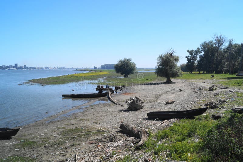 Landschap van de delta van Donau met boten en paard met kar, Roemenië Deltadunarii stock afbeelding Landschap van de delta van Donau met boten en paard met kar, Roemenië Deltadunarii stock afbeelding