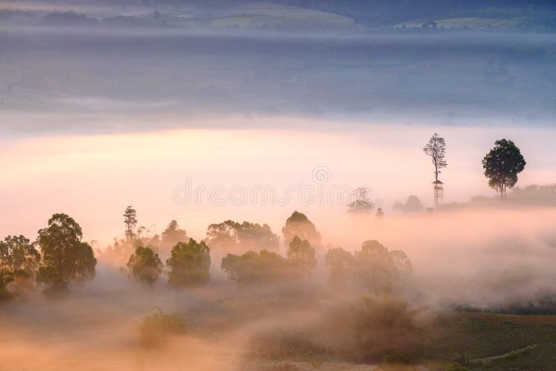 Landschapsmist in ochtendzonsopgang in Khao Takhian Ngo View Point stock fotografie Landschapsmist in ochtendzonsopgang in Khao Takhian Ngo View Point stock fotografie
