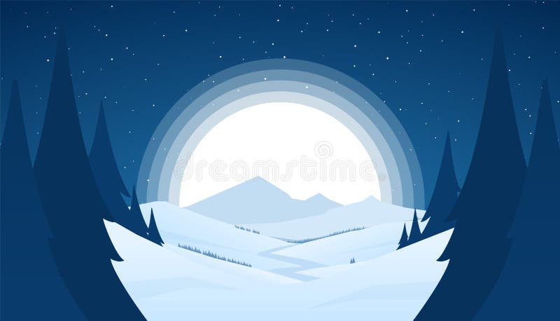 Landskap för berg för vinter för vektornatt snöig med kullar, flod eller väg och dumbommåne royaltyfri illustrationer Landskap för berg för vinter för vektornatt snöig med kullar, flod eller väg och dumbommåne royaltyfri illustrationer