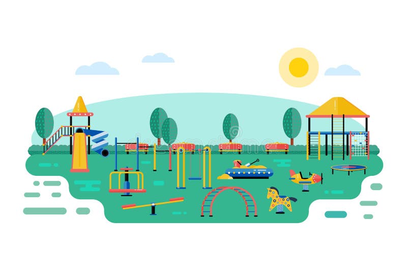 Kids playground vector landscape in flat design. Children play area devices on nature or urban park background. Kindergarten amusement toys outside. Youth sport and recreation ground equipment. Kids playground vector landscape in flat design. Children play area devices on nature or urban park background. Kindergarten amusement toys outside. Youth sport and recreation ground equipment.