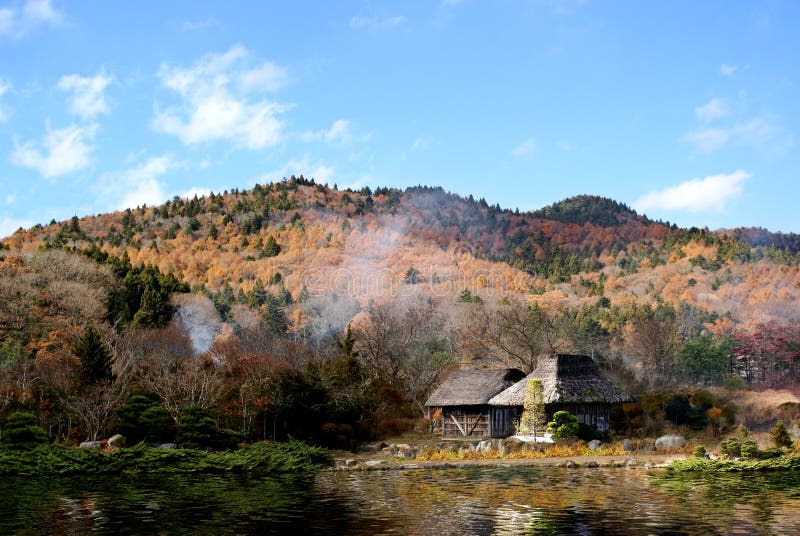 Landskap och japanskt hus