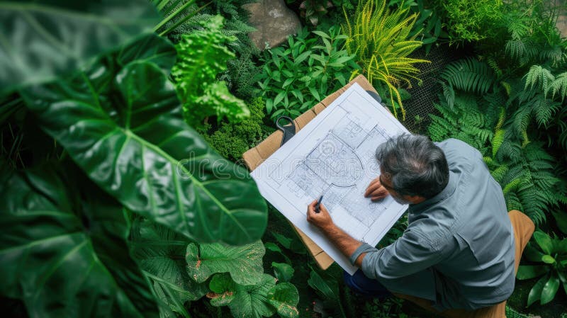 An overhead view of a landscape architect analyzing garden design plans amidst a lush green setting. AIG41 AI generated. An overhead view of a landscape architect analyzing garden design plans amidst a lush green setting. AIG41 AI generated