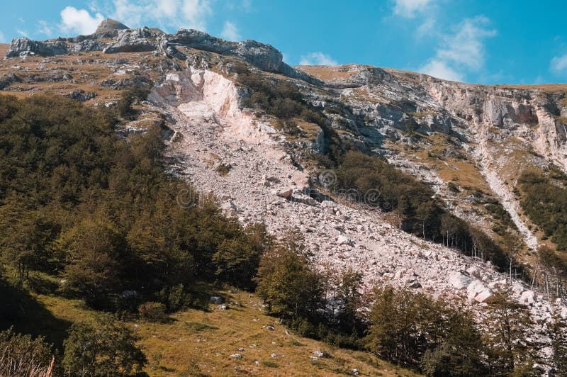 The landslide of a mountain peak in the Sibillini National Park Marche, Italy