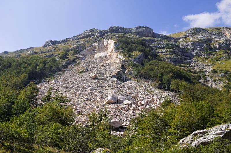 The landslide of a mountain peak in the Sibillini National Park Marche, Italy