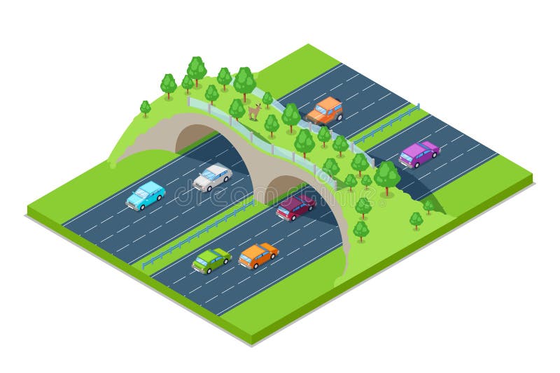Landstraße und grüne Brücke für Tiere über der Straße Vektor-isometrische Illustration 3D Sparen Sie Umwelt und Ökologie stock abbildung Landstraße und grüne Brücke für Tiere über der Straße Vektor-isometrische Illustration 3D Sparen Sie Umwelt und Ökologie stock abbildung