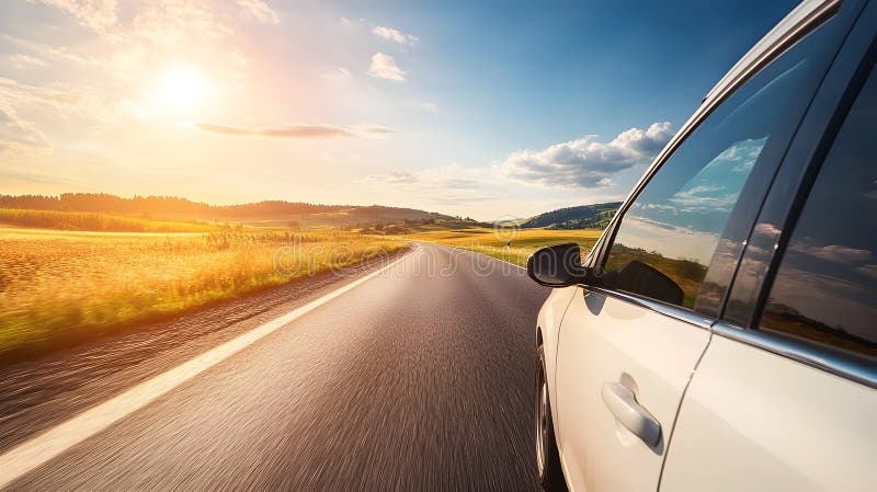 Landstraßenausflug mit Auto bei Sonnenuntergang auf leerer Landstraße stockfotos