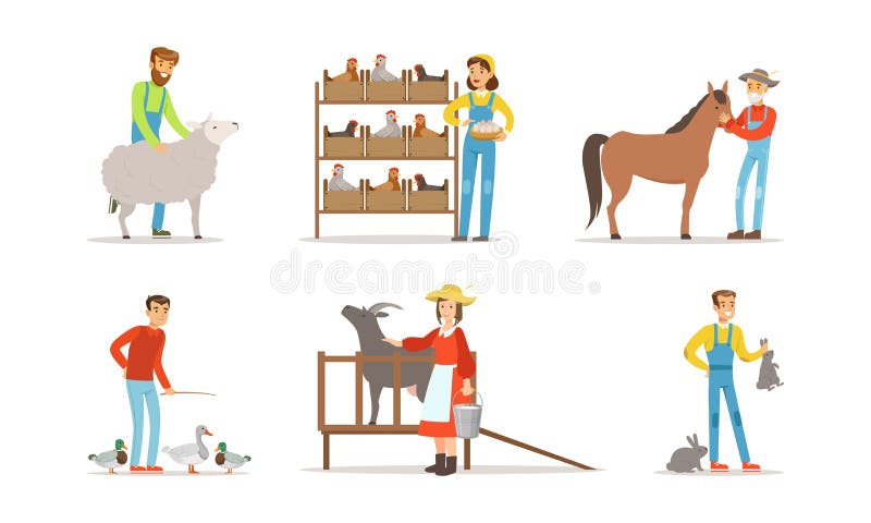 Farmers Breeding Livestock Feeding Farm Animals Vector Set. Young Man and Woman at Countryside Taking Care of Poultry and Domestic Mammals Concept. Farmers Breeding Livestock Feeding Farm Animals Vector Set. Young Man and Woman at Countryside Taking Care of Poultry and Domestic Mammals Concept