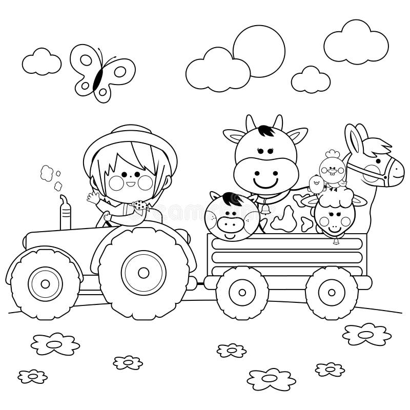 Landwirtjunge, der einen Traktor fährt und Vieh trägt Schwarzweiss-Malbuchseite stock abbildung Landwirtjunge, der einen Traktor fährt und Vieh trägt Schwarzweiss-Malbuchseite stock abbildung