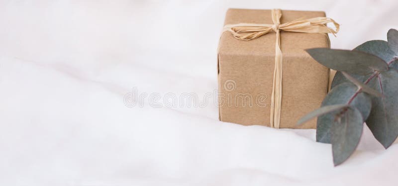 Lange Fahnentitelgeschenkbox in der Kraftpapierniederlassung des Eukalyptus des silbernen Dollars auf weißem Leinengewebe Schablo stockfotos Lange Fahnentitelgeschenkbox in der Kraftpapierniederlassung des Eukalyptus des silbernen Dollars auf weißem Leinengewebe Schablo stockfotos