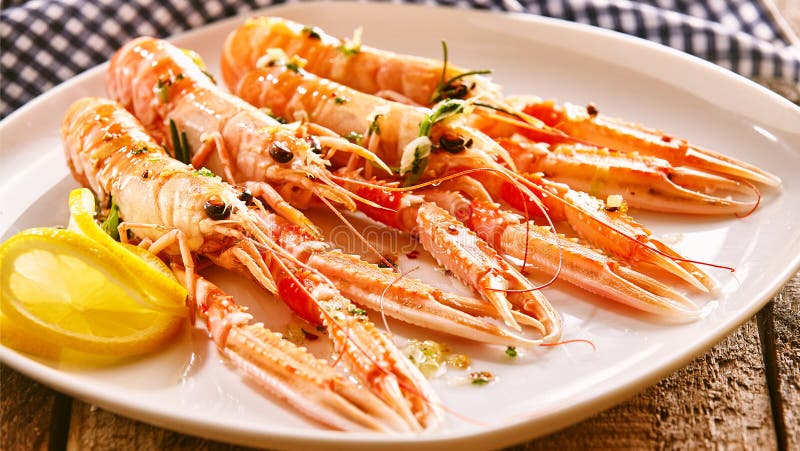 Langoustine Shellfish on Platter with Lemon Slices